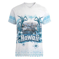 Hawaii Sugar Plantation Women V-Neck T-Shirt With Hawaiian Tapa Pattern