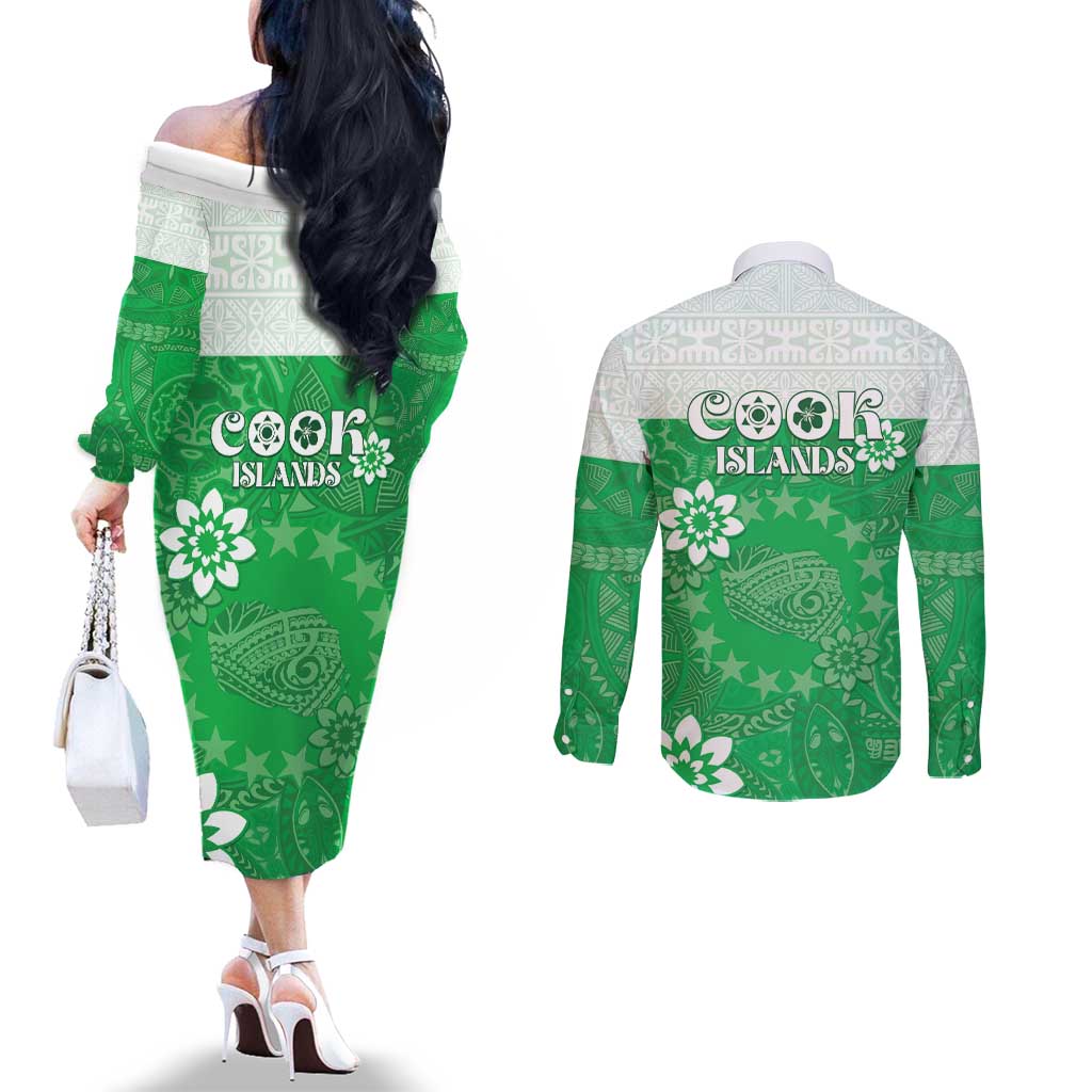 Cook Islands Maori Language Week Couples Matching Off The Shoulder Long Sleeve Dress and Long Sleeve Button Shirt Pacific Tapa Pattern