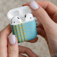 Hawaii Shell Tiare Anthurium Heliconia Lei AirPods Case With Tapa Pattern Baby Blue