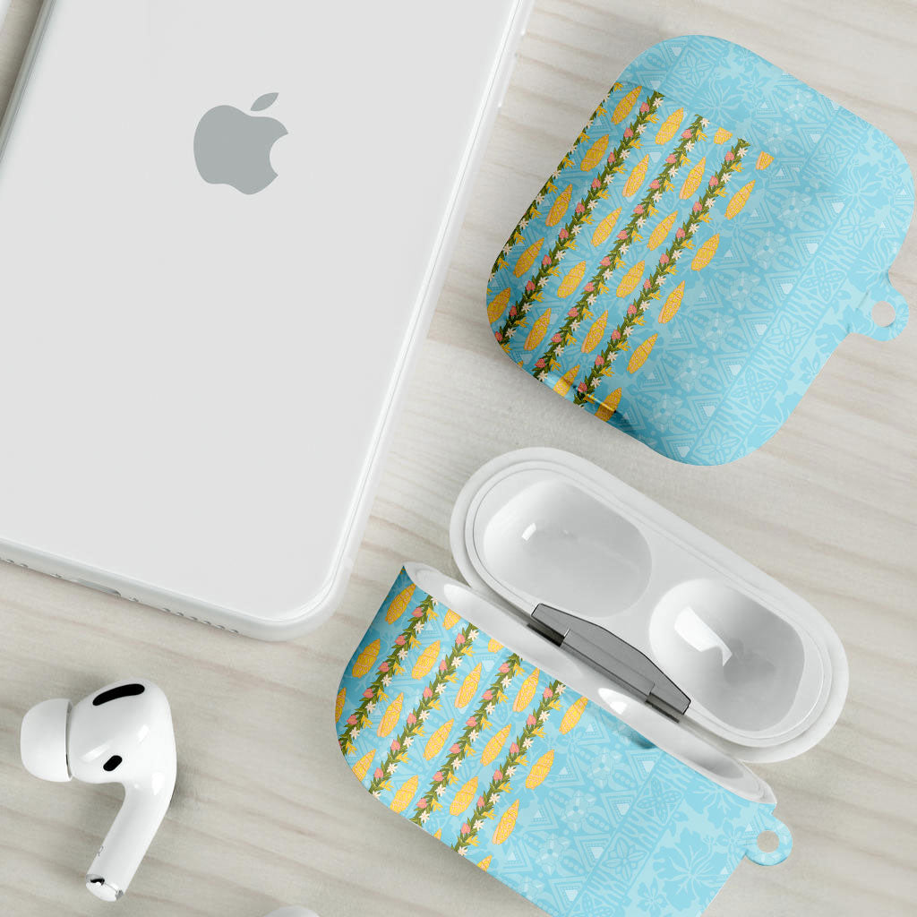 Hawaii Shell Tiare Anthurium Heliconia Lei AirPods Case With Tapa Pattern Baby Blue