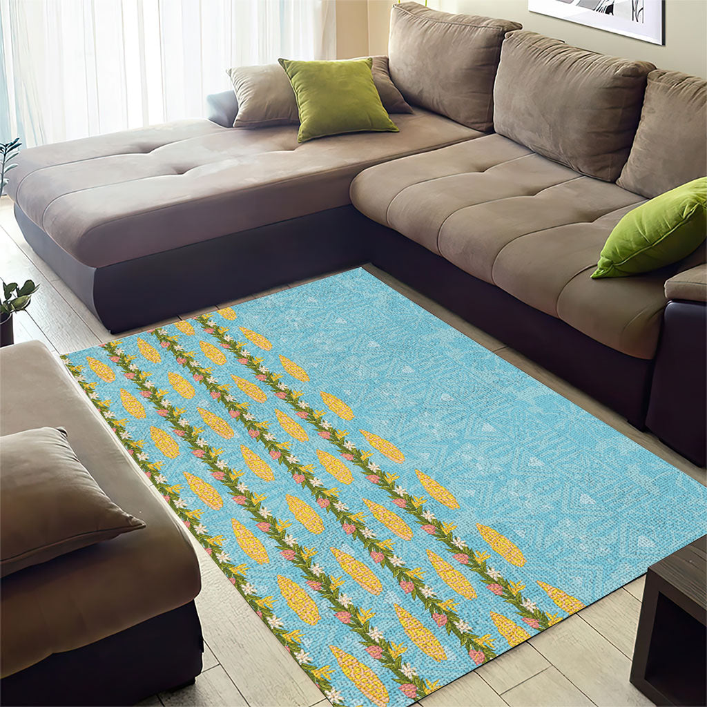 Hawaii Shell Tiare Anthurium Heliconia Lei Area Rug With Tapa Pattern Baby Blue