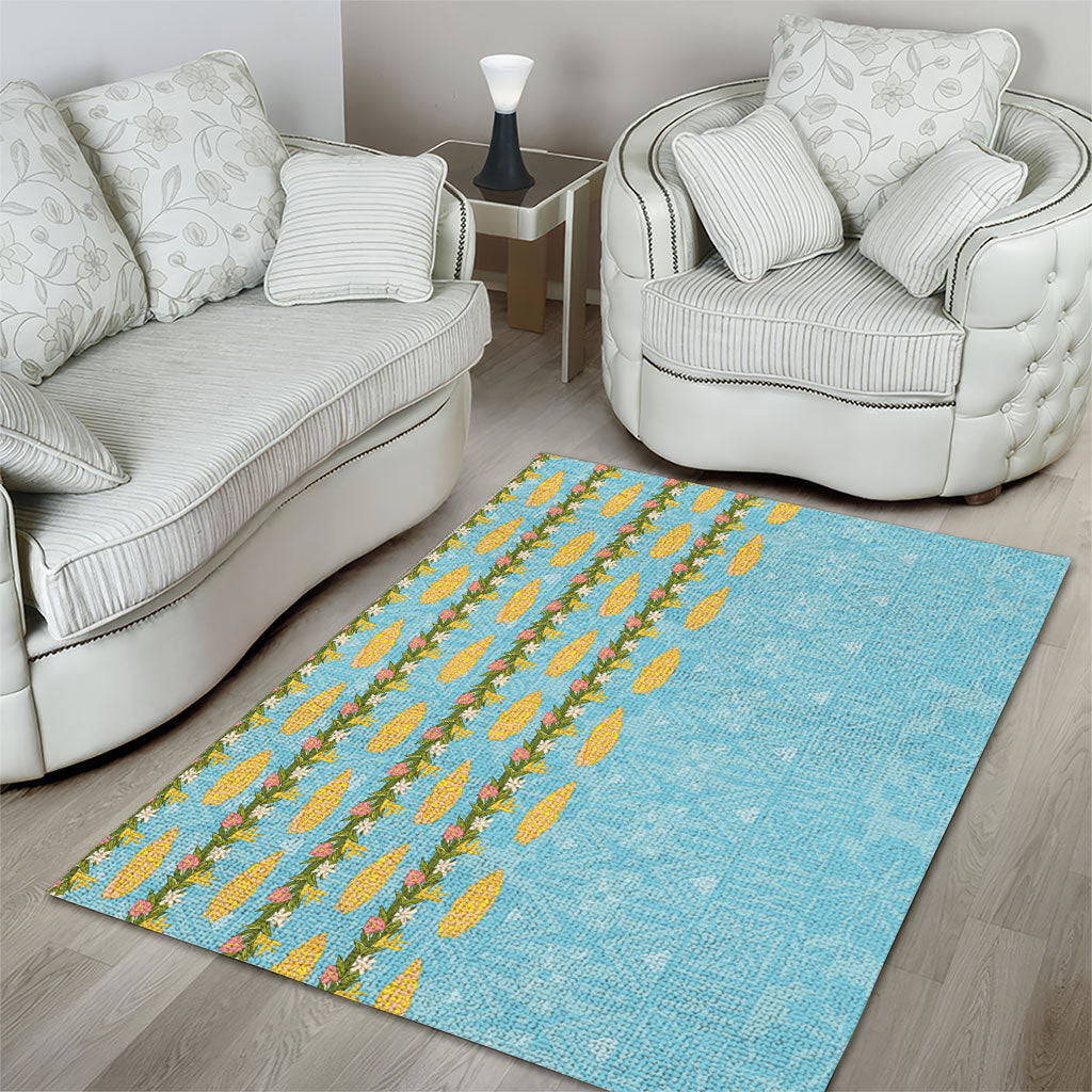 Hawaii Shell Tiare Anthurium Heliconia Lei Area Rug With Tapa Pattern Baby Blue
