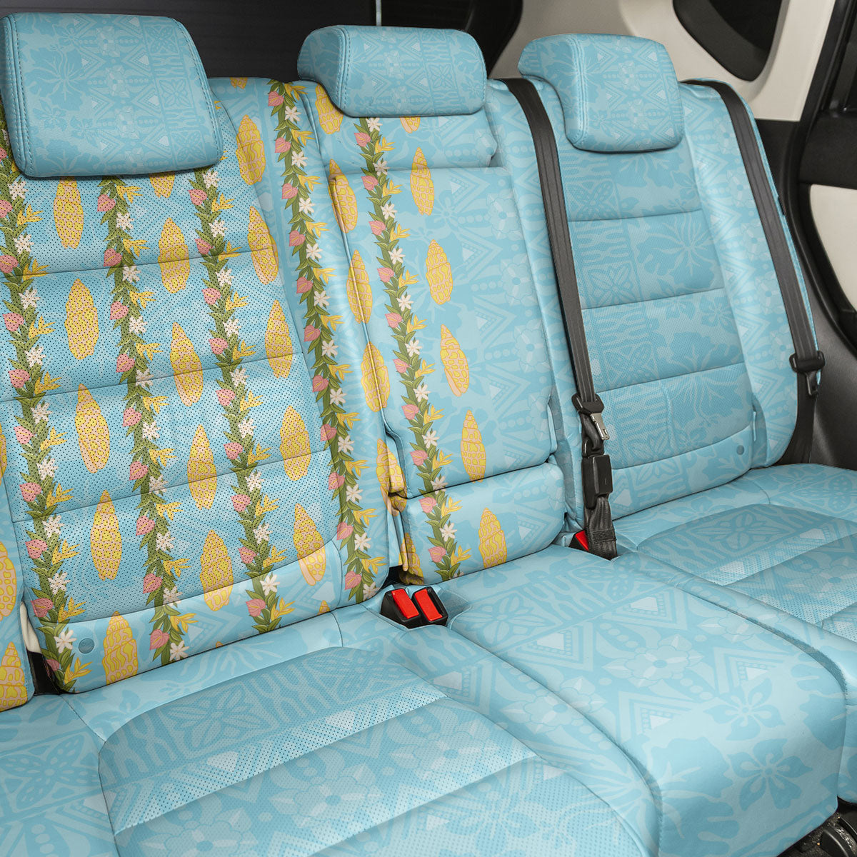 Hawaii Shell Tiare Anthurium Heliconia Lei Back Car Seat Cover With Tapa Pattern Baby Blue