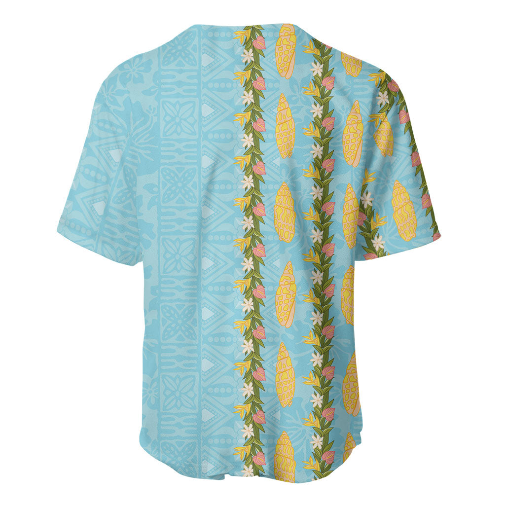 Hawaii Shell Tiare Anthurium Heliconia Lei Baseball Jersey With Tapa Pattern Baby Blue