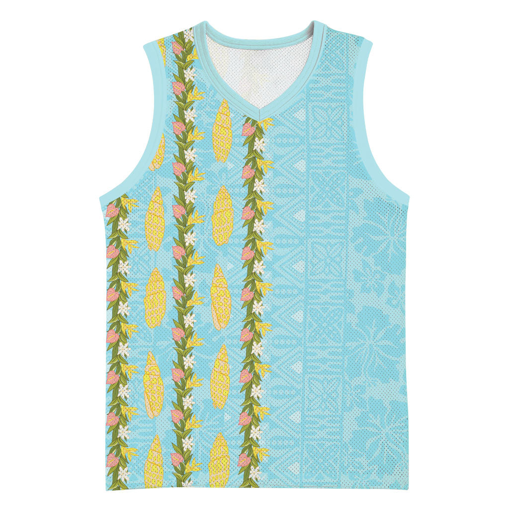 Hawaii Shell Tiare Anthurium Heliconia Lei Basketball Jersey With Tapa Pattern Baby Blue