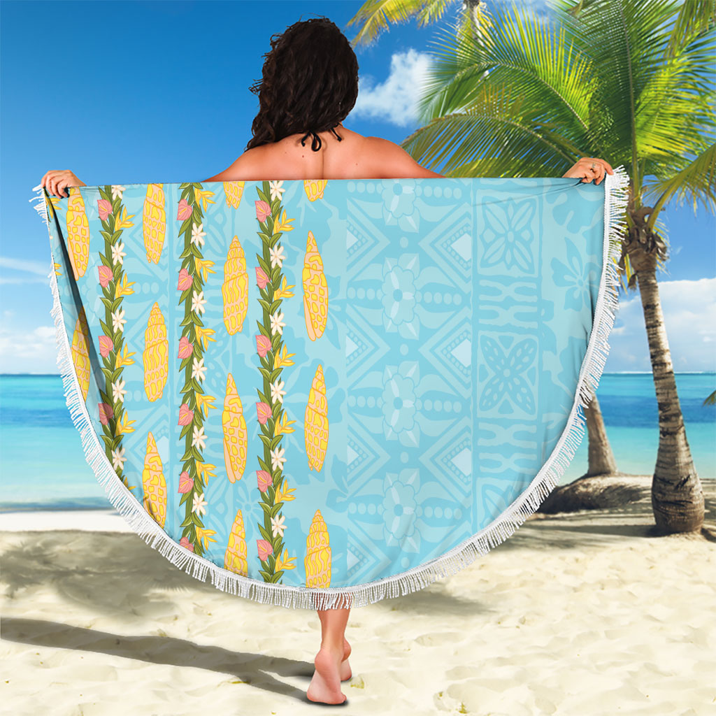 Hawaii Shell Tiare Anthurium Heliconia Lei Beach Blanket With Tapa Pattern Baby Blue
