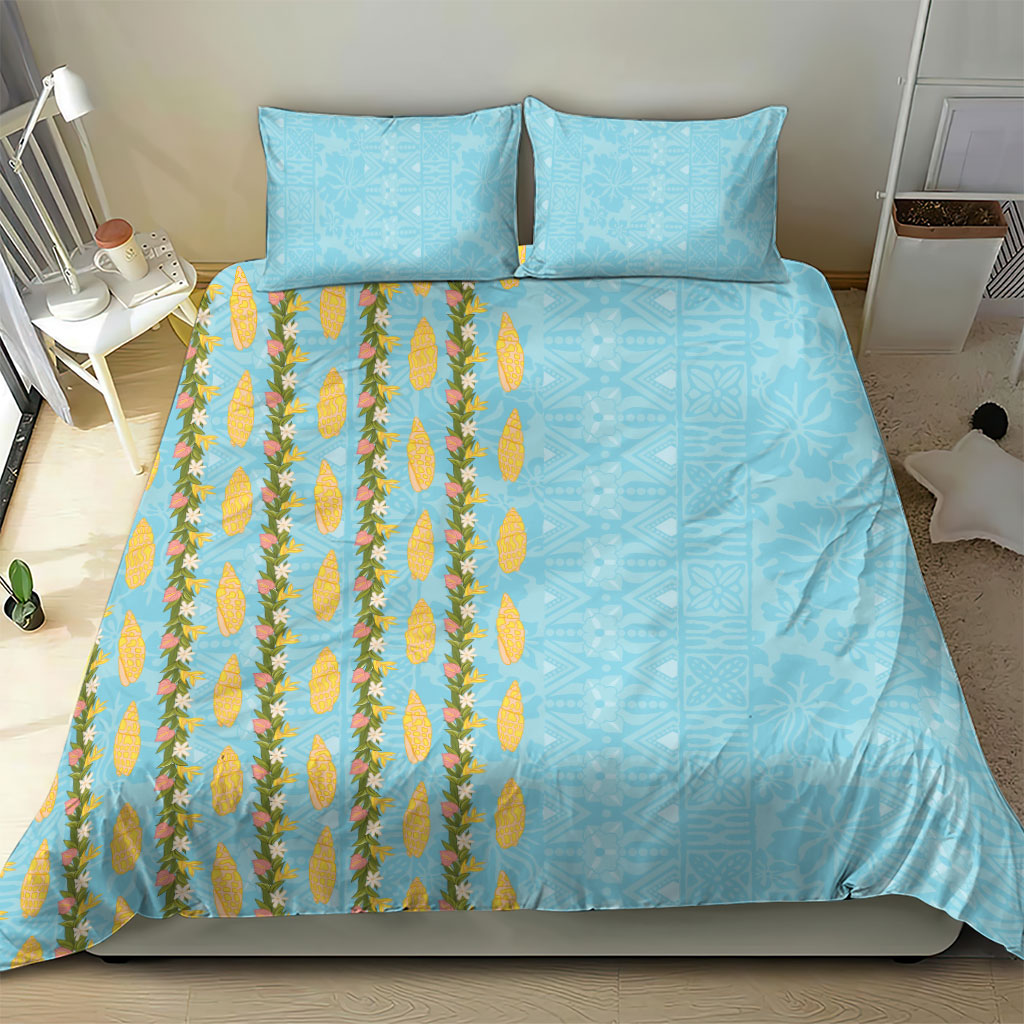 Hawaii Shell Tiare Anthurium Heliconia Lei Bedding Set With Tapa Pattern Baby Blue