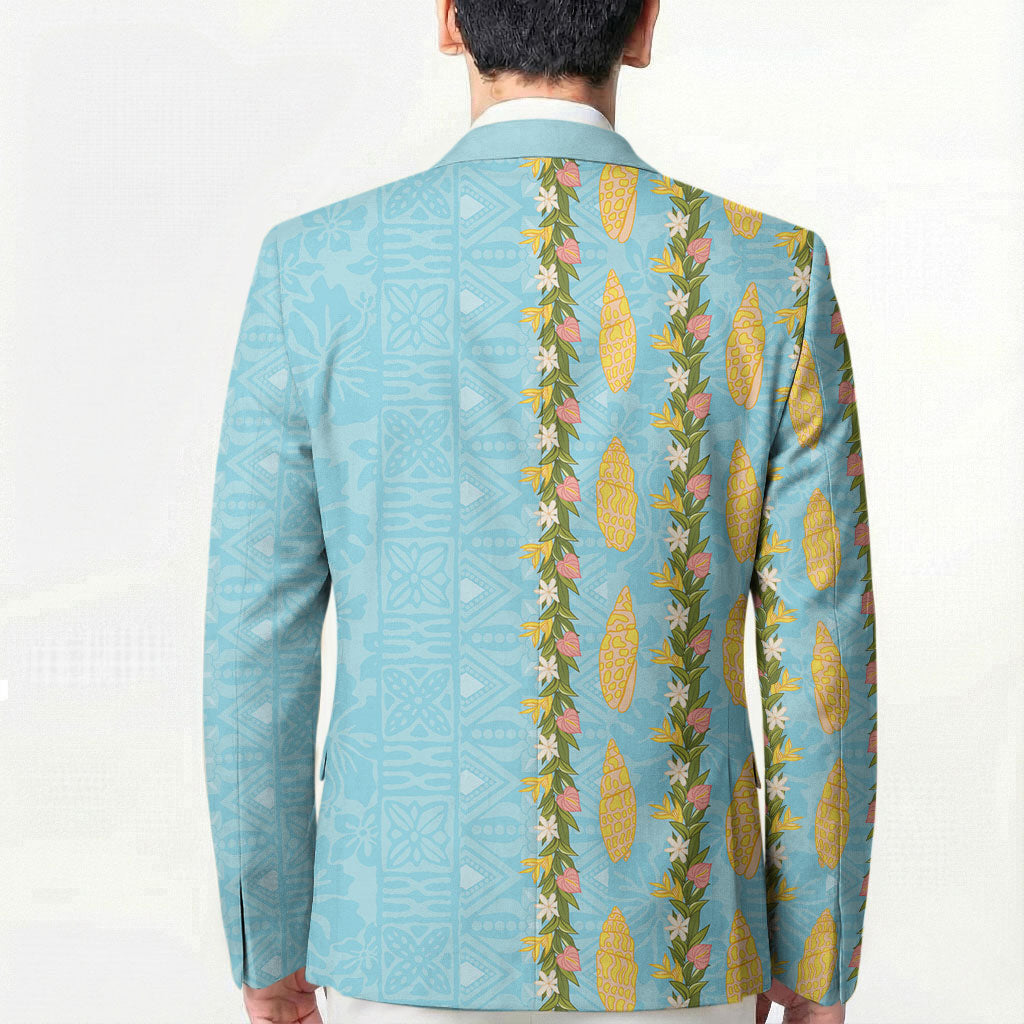 Hawaii Shell Tiare Anthurium Heliconia Lei Blazer With Tapa Pattern Baby Blue