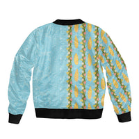 Hawaii Shell Tiare Anthurium Heliconia Lei Bomber Jacket With Tapa Pattern Baby Blue