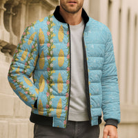 Hawaii Shell Tiare Anthurium Heliconia Lei Bomber Puffer Jacket With Tapa Pattern Baby Blue