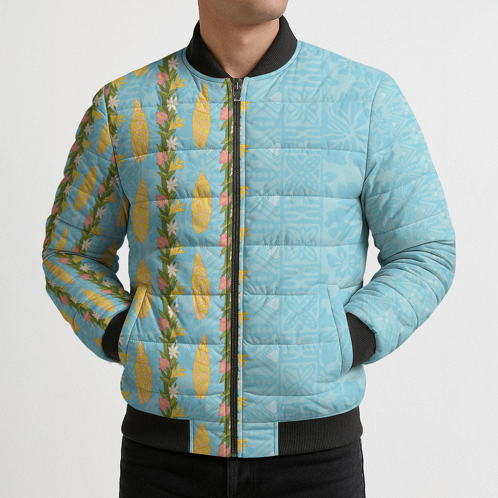 Hawaii Shell Tiare Anthurium Heliconia Lei Bomber Puffer Jacket With Tapa Pattern Baby Blue