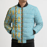 Hawaii Shell Tiare Anthurium Heliconia Lei Bomber Puffer Jacket With Tapa Pattern Baby Blue