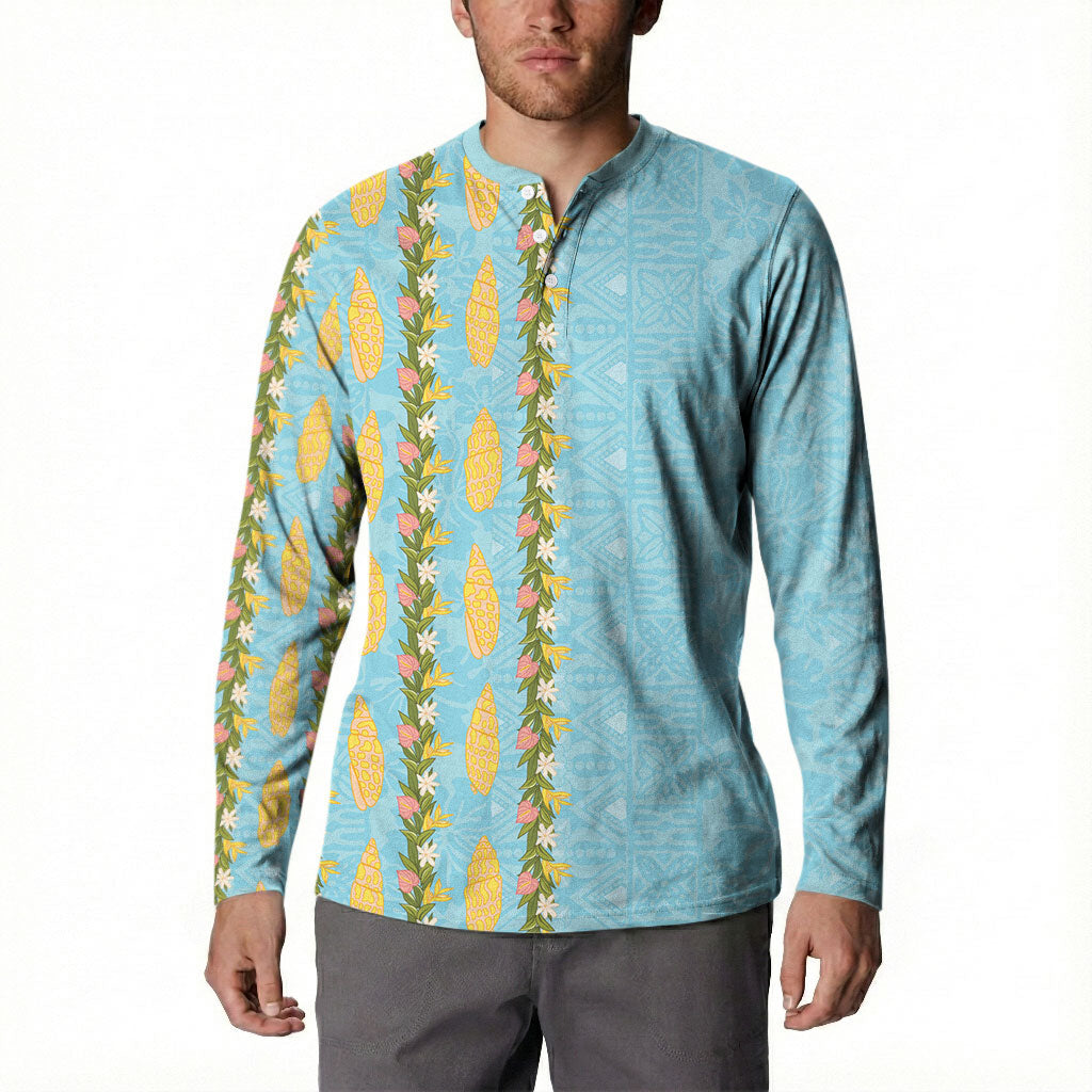 Hawaii Shell Tiare Anthurium Heliconia Lei Button Sweatshirt With Tapa Pattern Baby Blue