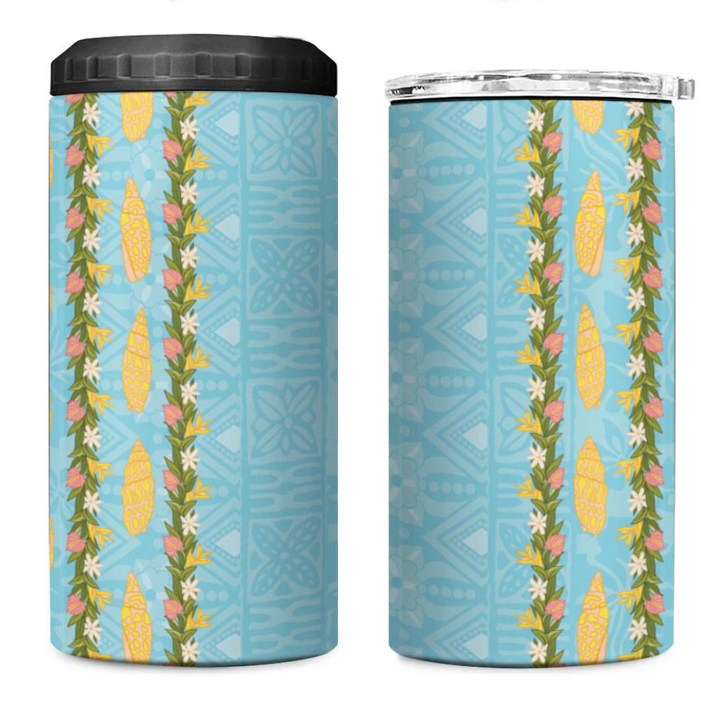 Hawaii Shell Tiare Anthurium Heliconia Lei 4 in 1 Can Cooler Tumbler With Tapa Pattern Baby Blue