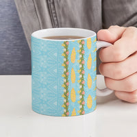 Hawaii Shell Tiare Anthurium Heliconia Lei Ceramic Mug With Tapa Pattern Baby Blue