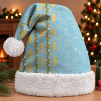 Hawaii Shell Tiare Anthurium Heliconia Lei Christmas Santa Hat With Tapa Pattern Baby Blue LT05 With Fur Blue - Polynesian Pride