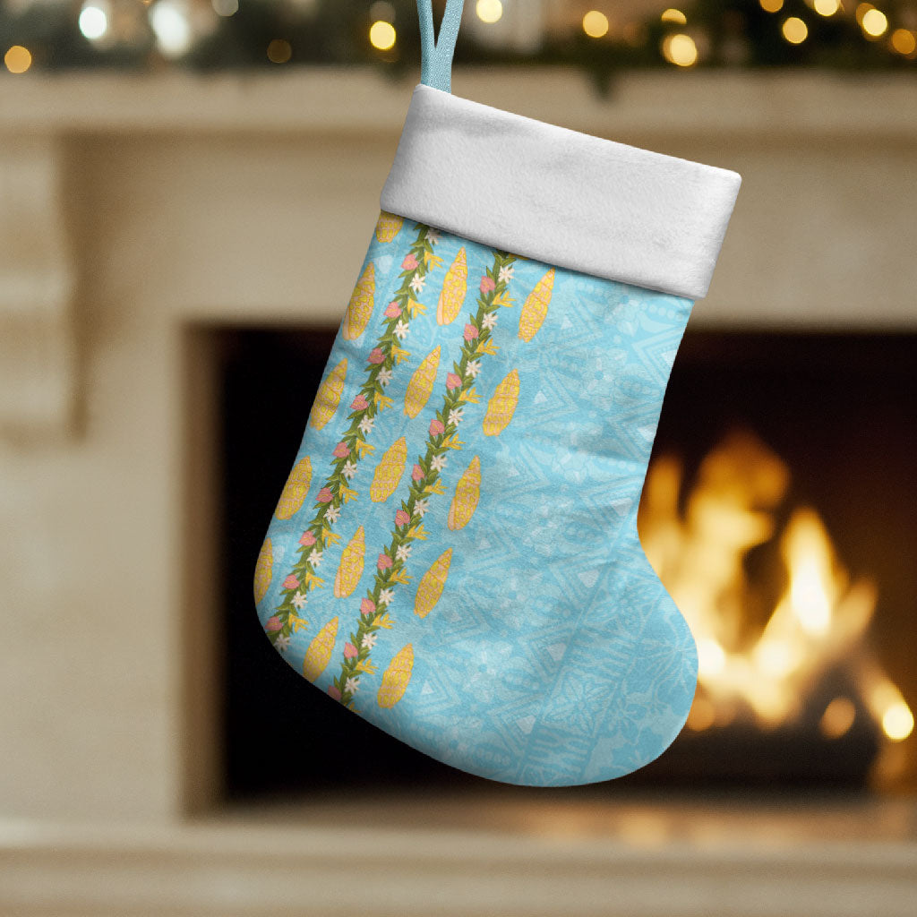 Hawaii Shell Tiare Anthurium Heliconia Lei Christmas Stocking With Tapa Pattern Baby Blue LT05 Set of 2 Blue - Polynesian Pride
