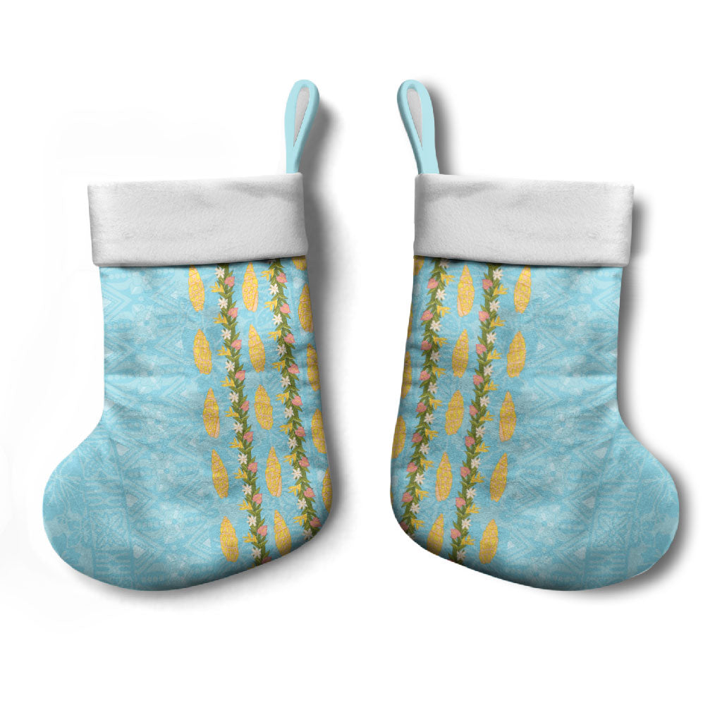Hawaii Shell Tiare Anthurium Heliconia Lei Christmas Stocking With Tapa Pattern Baby Blue LT05 - Polynesian Pride