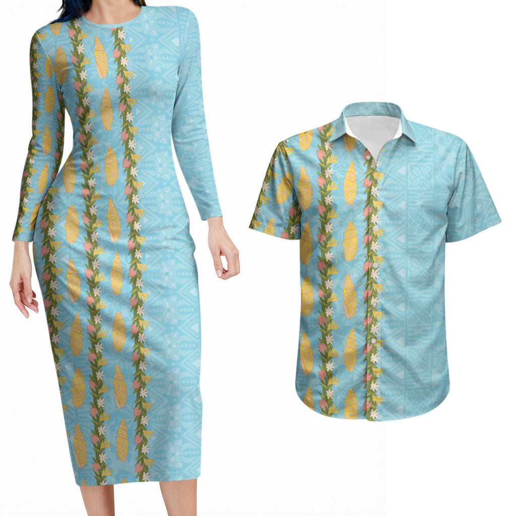 Hawaii Shell Tiare Anthurium Heliconia Lei Couples Matching Long Sleeve Bodycon Dress and Hawaiian Shirt With Tapa Pattern Baby Blue LT05 Blue - Polynesian Pride