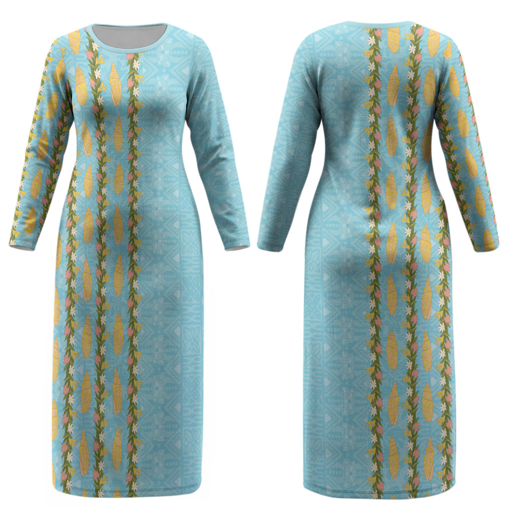 Hawaii Shell Tiare Anthurium Heliconia Lei Couples Matching Long Sleeve Bodycon Dress and Hawaiian Shirt With Tapa Pattern Baby Blue LT05 - Polynesian Pride