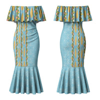 Hawaii Shell Tiare Anthurium Heliconia Lei Couples Matching Mermaid Dress and Hawaiian Shirt With Tapa Pattern Baby Blue LT05 - Polynesian Pride