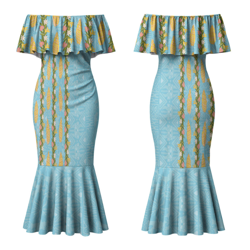 Hawaii Shell Tiare Anthurium Heliconia Lei Couples Matching Mermaid Dress and Long Sleeve Button Shirt With Tapa Pattern Baby Blue LT05 - Polynesian Pride