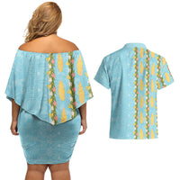 Hawaii Shell Tiare Anthurium Heliconia Lei Couples Matching Off Shoulder Short Dress and Hawaiian Shirt With Tapa Pattern Baby Blue
