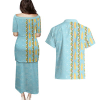 Hawaii Shell Tiare Anthurium Heliconia Lei Couples Matching Puletasi and Hawaiian Shirt With Tapa Pattern Baby Blue