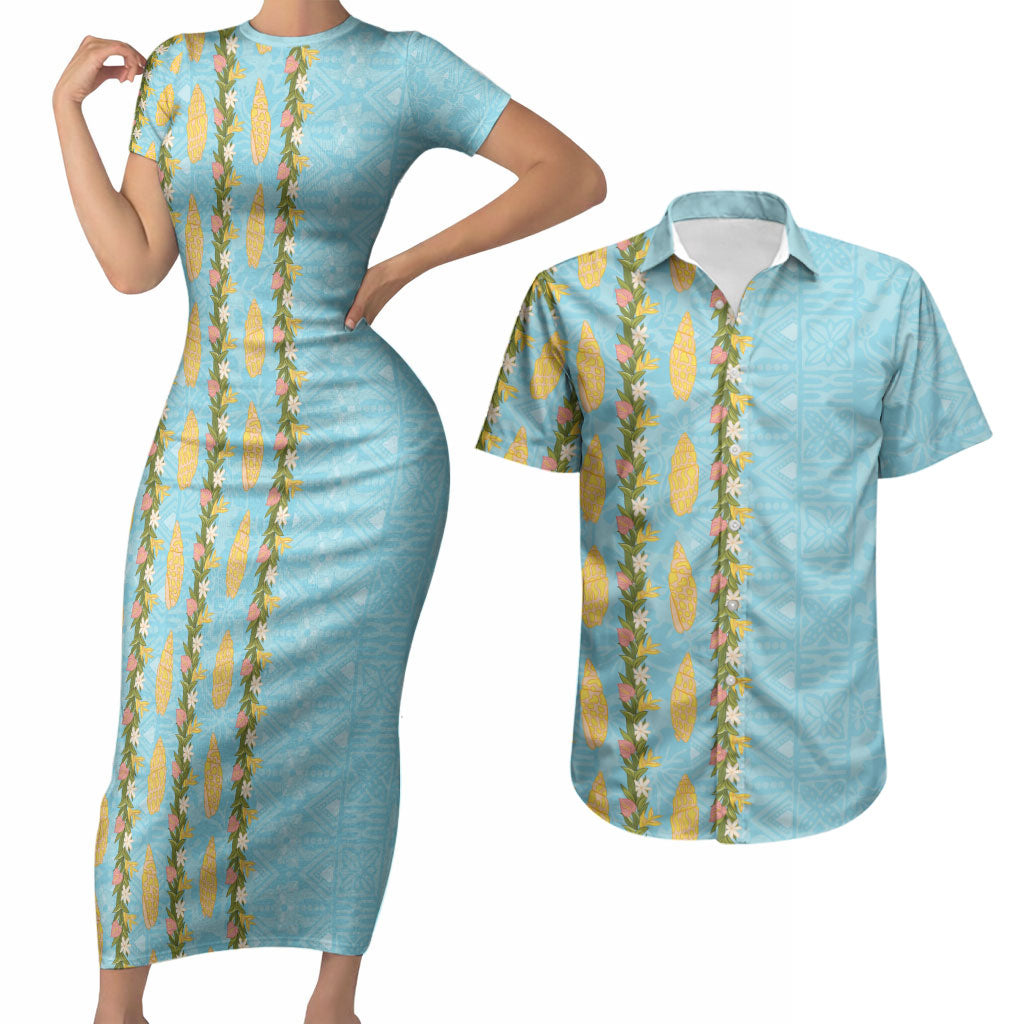 Hawaii Shell Tiare Anthurium Heliconia Lei Couples Matching Short Sleeve Bodycon Dress and Hawaiian Shirt With Tapa Pattern Baby Blue LT05 Blue - Polynesian Pride