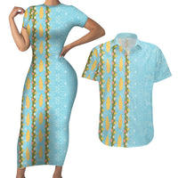 Hawaii Shell Tiare Anthurium Heliconia Lei Couples Matching Short Sleeve Bodycon Dress and Hawaiian Shirt With Tapa Pattern Baby Blue
