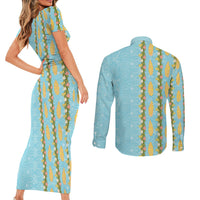 Hawaii Shell Tiare Anthurium Heliconia Lei Couples Matching Short Sleeve Bodycon Dress and Long Sleeve Button Shirt With Tapa Pattern Baby Blue