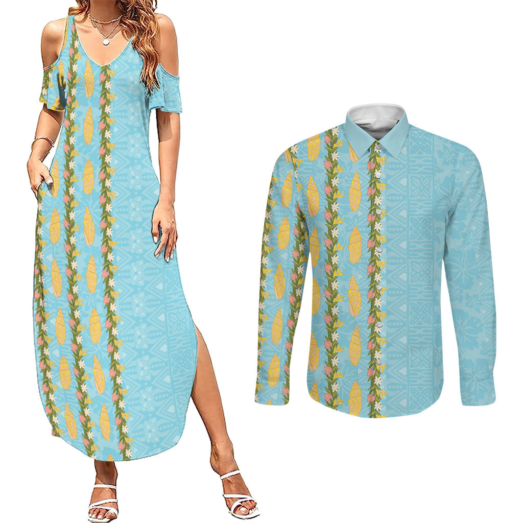 Hawaii Shell Tiare Anthurium Heliconia Lei Couples Matching Summer Maxi Dress and Long Sleeve Button Shirt With Tapa Pattern Baby Blue