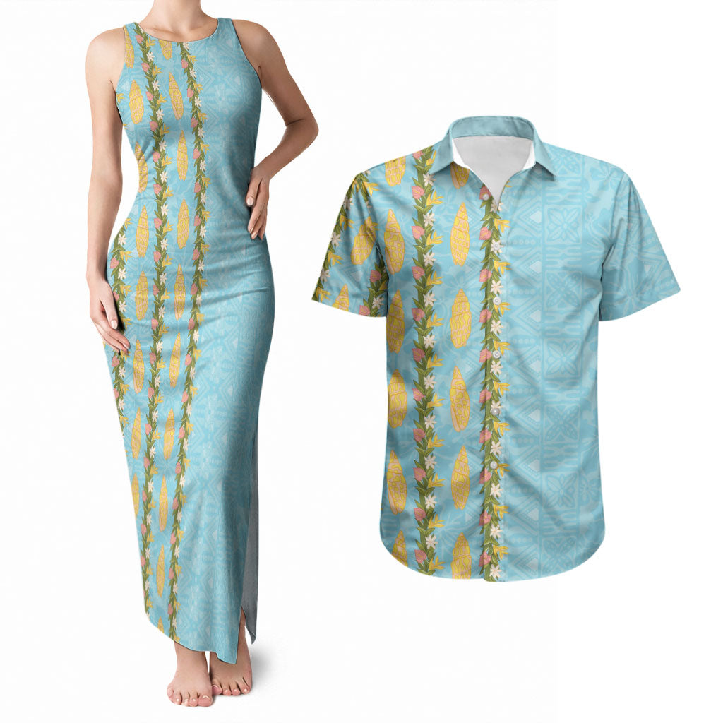Hawaii Shell Tiare Anthurium Heliconia Lei Couples Matching Tank Maxi Dress and Hawaiian Shirt With Tapa Pattern Baby Blue LT05 Blue - Polynesian Pride