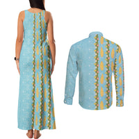 Hawaii Shell Tiare Anthurium Heliconia Lei Couples Matching Tank Maxi Dress and Long Sleeve Button Shirt With Tapa Pattern Baby Blue