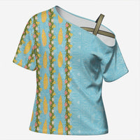 Hawaii Shell Tiare Anthurium Heliconia Lei Cross Shoulder Shirt With Tapa Pattern Baby Blue