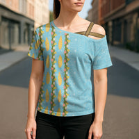 Hawaii Shell Tiare Anthurium Heliconia Lei Cross Shoulder Shirt With Tapa Pattern Baby Blue