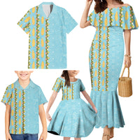 Hawaii Shell Tiare Anthurium Heliconia Lei Family Matching Mermaid Dress and Hawaiian Shirt With Tapa Pattern Baby Blue