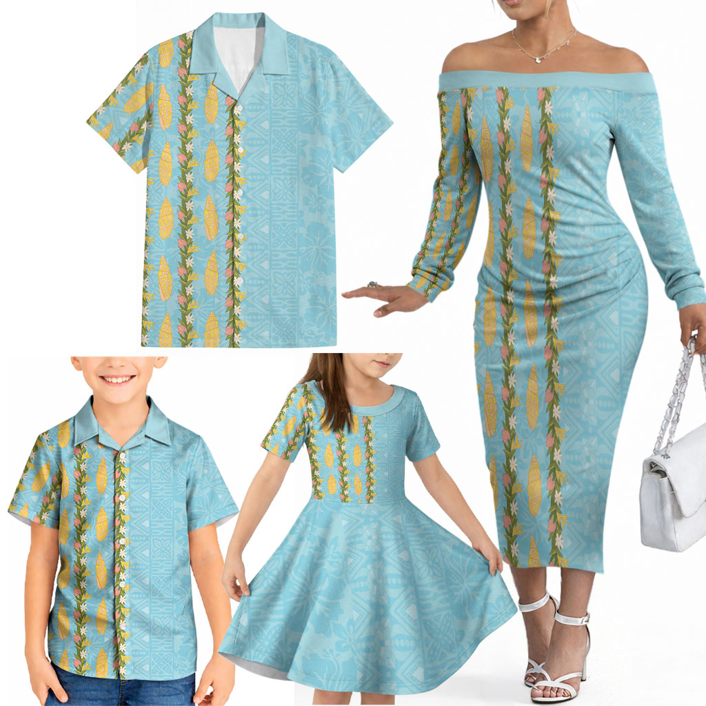 Hawaii Shell Tiare Anthurium Heliconia Lei Family Matching Off The Shoulder Long Sleeve Dress and Hawaiian Shirt With Tapa Pattern Baby Blue LT05 - Polynesian Pride