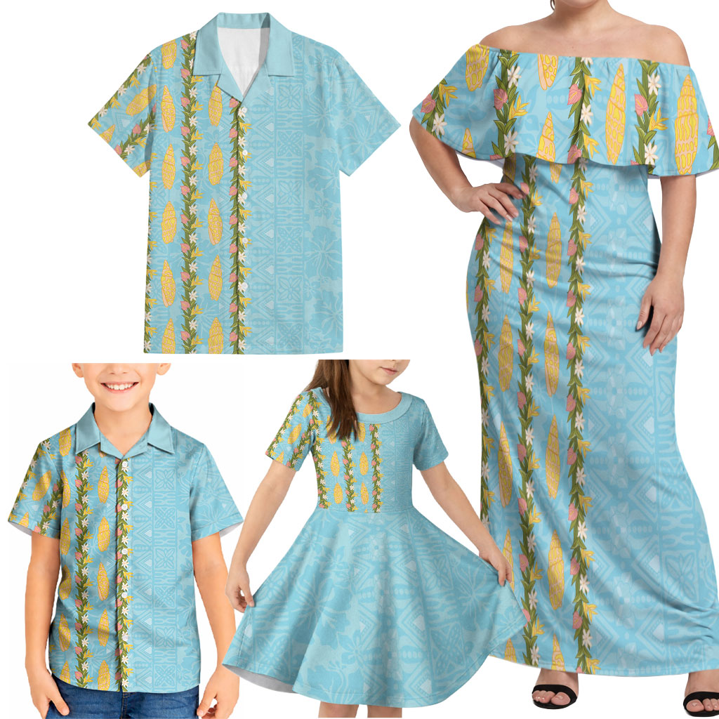 Hawaii Shell Tiare Anthurium Heliconia Lei Family Matching Off Shoulder Maxi Dress and Hawaiian Shirt With Tapa Pattern Baby Blue LT05 - Polynesian Pride
