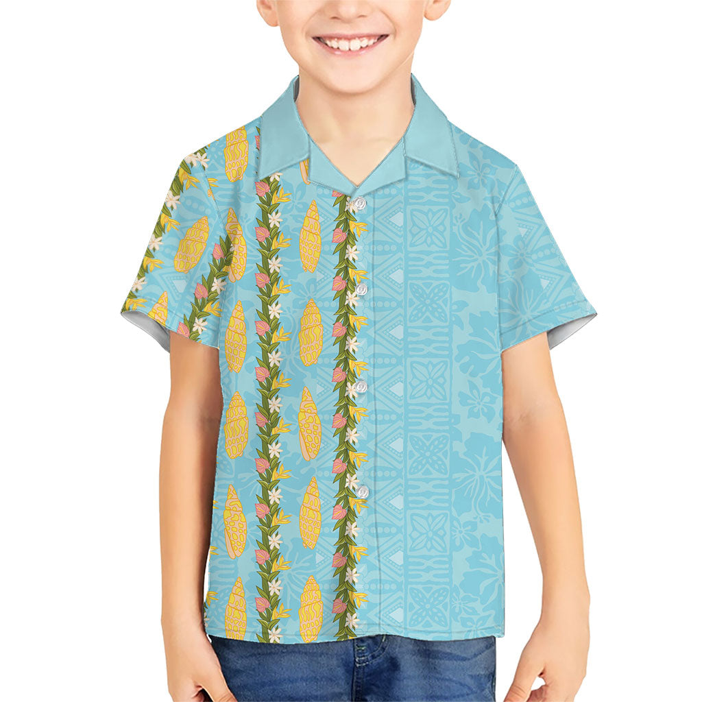 Hawaii Shell Tiare Anthurium Heliconia Lei Family Matching Off Shoulder Maxi Dress and Hawaiian Shirt With Tapa Pattern Baby Blue