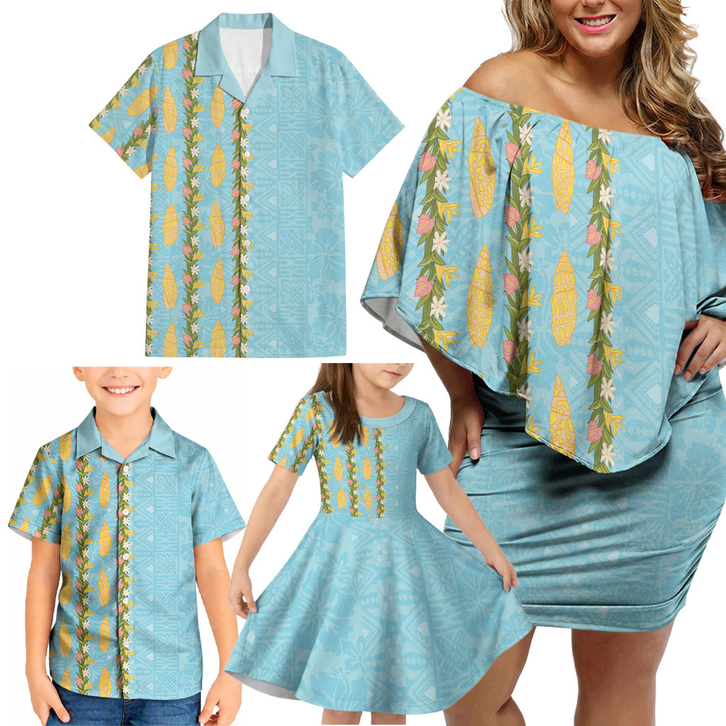 Hawaii Shell Tiare Anthurium Heliconia Lei Family Matching Off Shoulder Short Dress and Hawaiian Shirt With Tapa Pattern Baby Blue LT05 - Polynesian Pride