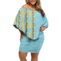 Hawaii Shell Tiare Anthurium Heliconia Lei Family Matching Off Shoulder Short Dress and Hawaiian Shirt With Tapa Pattern Baby Blue