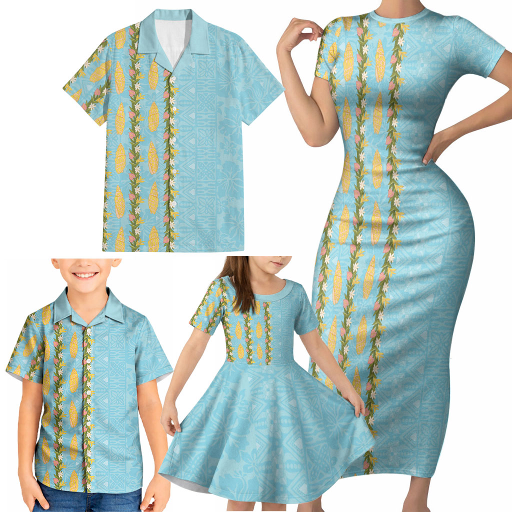 Hawaii Shell Tiare Anthurium Heliconia Lei Family Matching Short Sleeve Bodycon Dress and Hawaiian Shirt With Tapa Pattern Baby Blue LT05 - Polynesian Pride