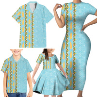 Hawaii Shell Tiare Anthurium Heliconia Lei Family Matching Short Sleeve Bodycon Dress and Hawaiian Shirt With Tapa Pattern Baby Blue