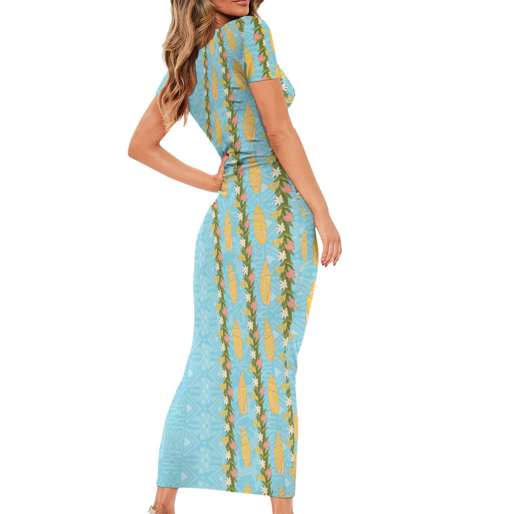 Hawaii Shell Tiare Anthurium Heliconia Lei Family Matching Short Sleeve Bodycon Dress and Hawaiian Shirt With Tapa Pattern Baby Blue