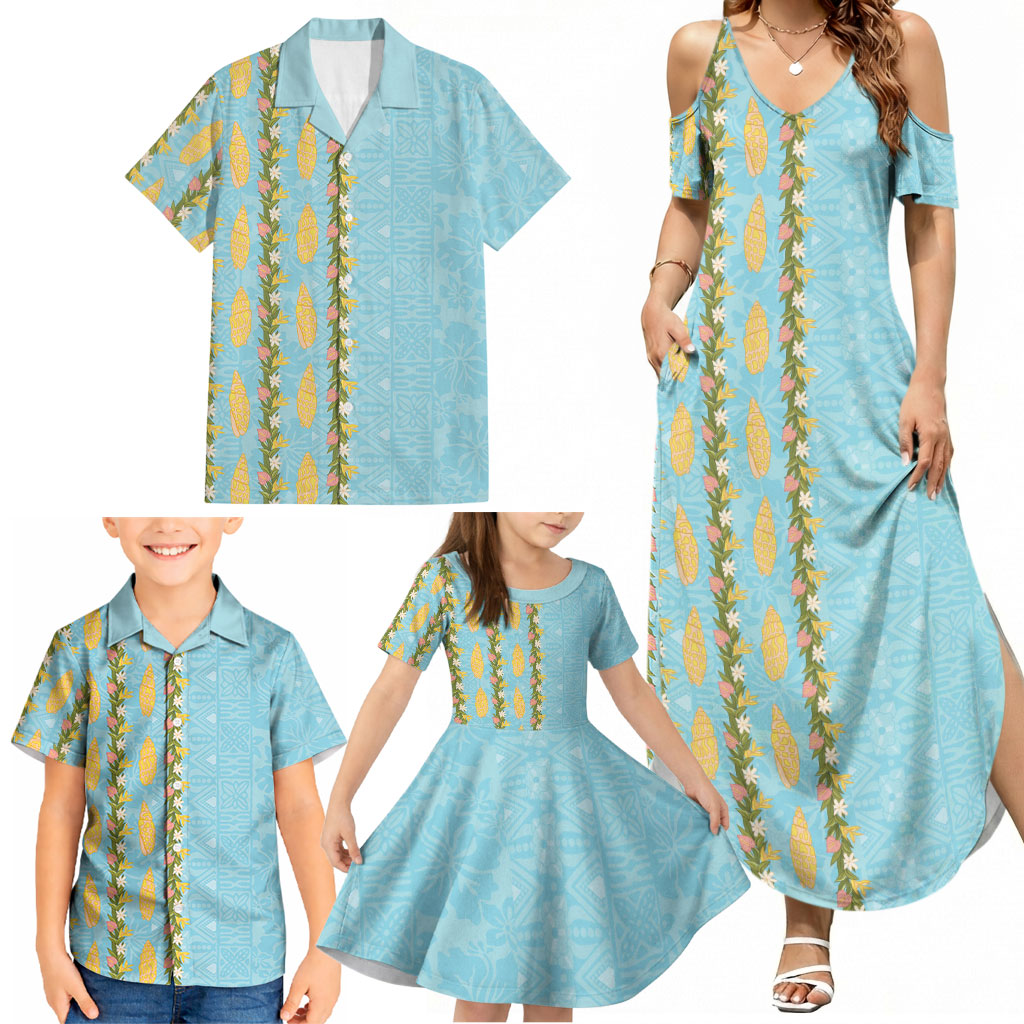 Hawaii Shell Tiare Anthurium Heliconia Lei Family Matching Summer Maxi Dress and Hawaiian Shirt With Tapa Pattern Baby Blue LT05 - Polynesian Pride