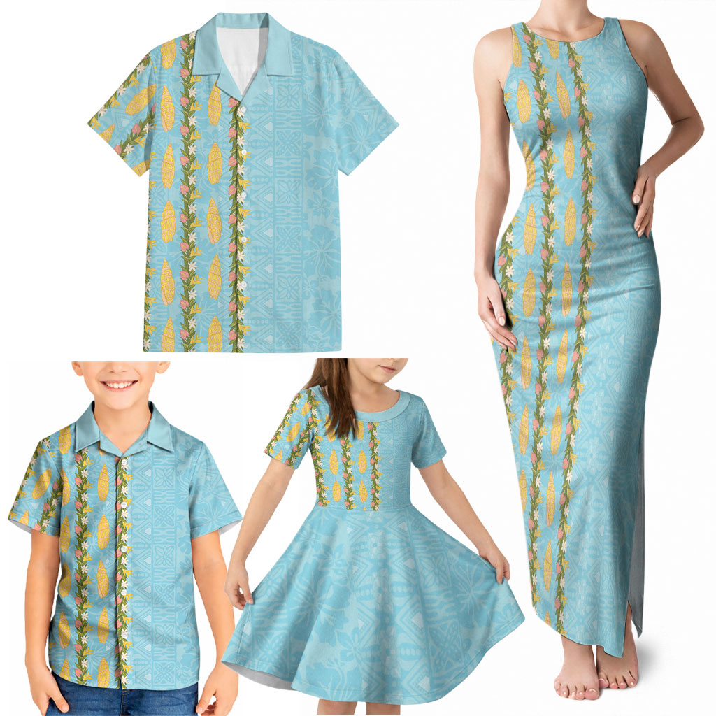 Hawaii Shell Tiare Anthurium Heliconia Lei Family Matching Tank Maxi Dress and Hawaiian Shirt With Tapa Pattern Baby Blue LT05 - Polynesian Pride