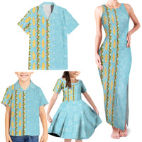 Hawaii Shell Tiare Anthurium Heliconia Lei Family Matching Tank Maxi Dress and Hawaiian Shirt With Tapa Pattern Baby Blue
