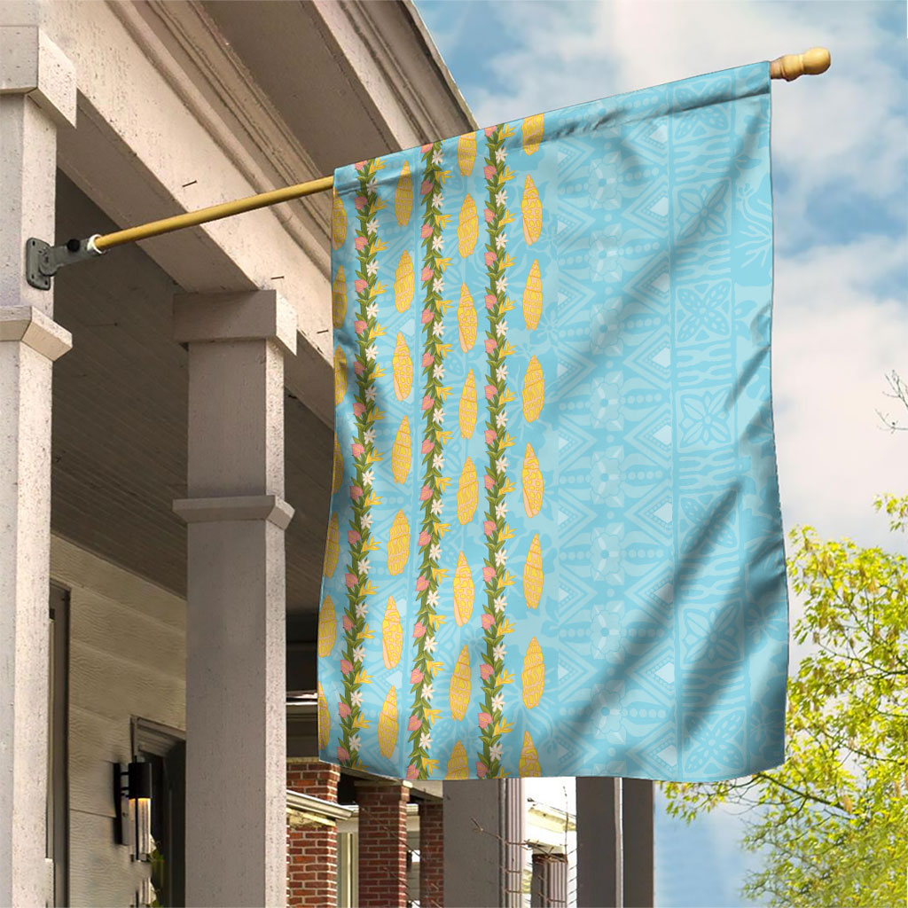 Hawaii Shell Tiare Anthurium Heliconia Lei Garden Flag With Tapa Pattern Baby Blue