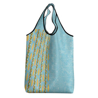 Hawaii Shell Tiare Anthurium Heliconia Lei Grocery Bag With Tapa Pattern Baby Blue